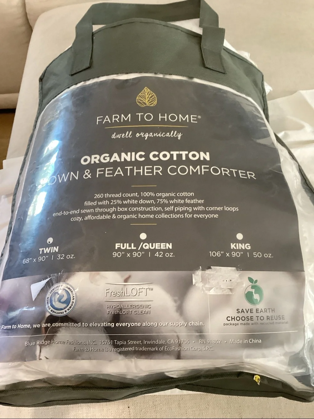 Farm To Home Organic Blended Cotton Down / Feather Comforter - Twin, NEW nwt